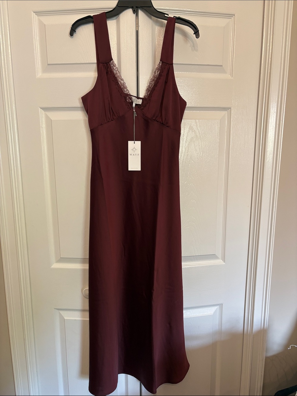 Wayf Burgundy Lace-Trim Midi Slip Dress